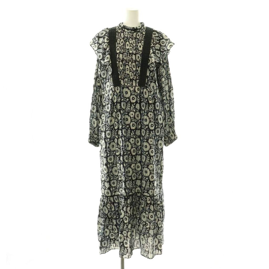 ヌキテパ NE QUITTEZ PAS! COTTON LUREX STRIPE FLOWER PRINT FRILL DRESS ワンピース 花柄 フリル M 黒 青 マルチカラー /CX ■OS