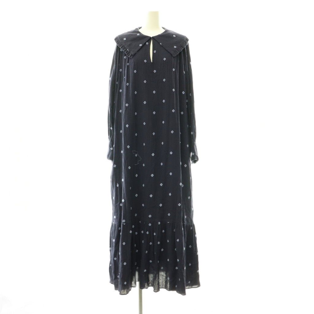 ヌキテパ NE QUITTEZ PAS! Cotton Gauze Full Embroidery Frill Collar Dress ワンピース 花柄 刺繍 M 紺 青 /CX ■OS