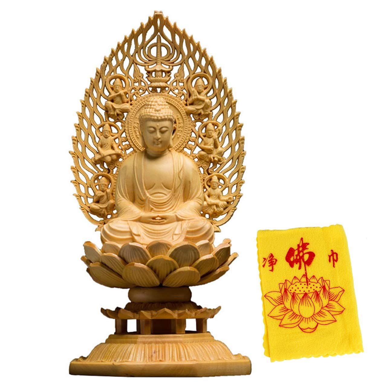 新品 Felimoa 木彫り仏像 釈迦如来 仏壇用ご本尊 天然黄楊製 高級彫刻 飛天光背付き 開運祈願 17cm クロス付属