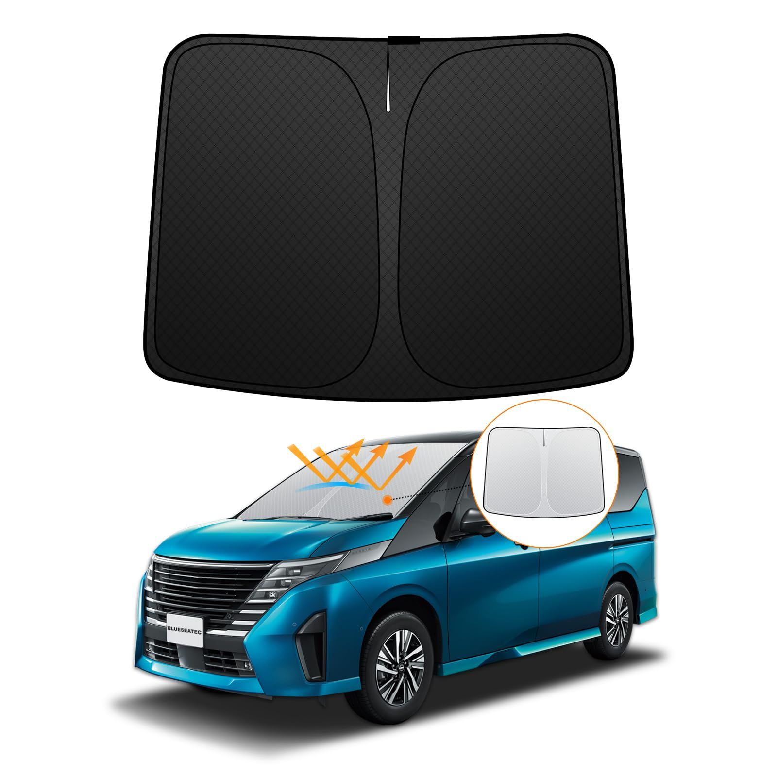 新品 【強化版】日産 セレナ C28 フロントガラスサンシェード R4.12-現行 UVカット 吸盤不要 6代目 6層構造 遮光断熱 夏 紫外線 UVカット 簡単着脱 内装パーツ 車種専用設計 折り畳み式 収納袋付き