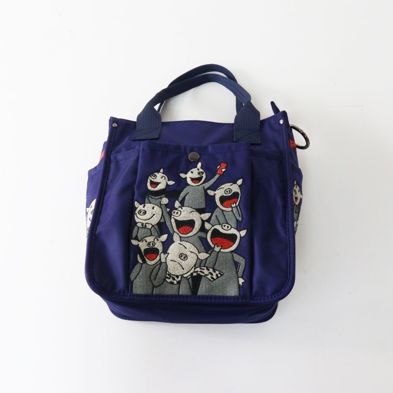 極美品 アルベロベロ オレボレブラ ALBEROBELLO OLLEBOREBLA ぶたさん刺繍 ポケットたくさんバッグ＼ネイビー 2way【2400014974362】