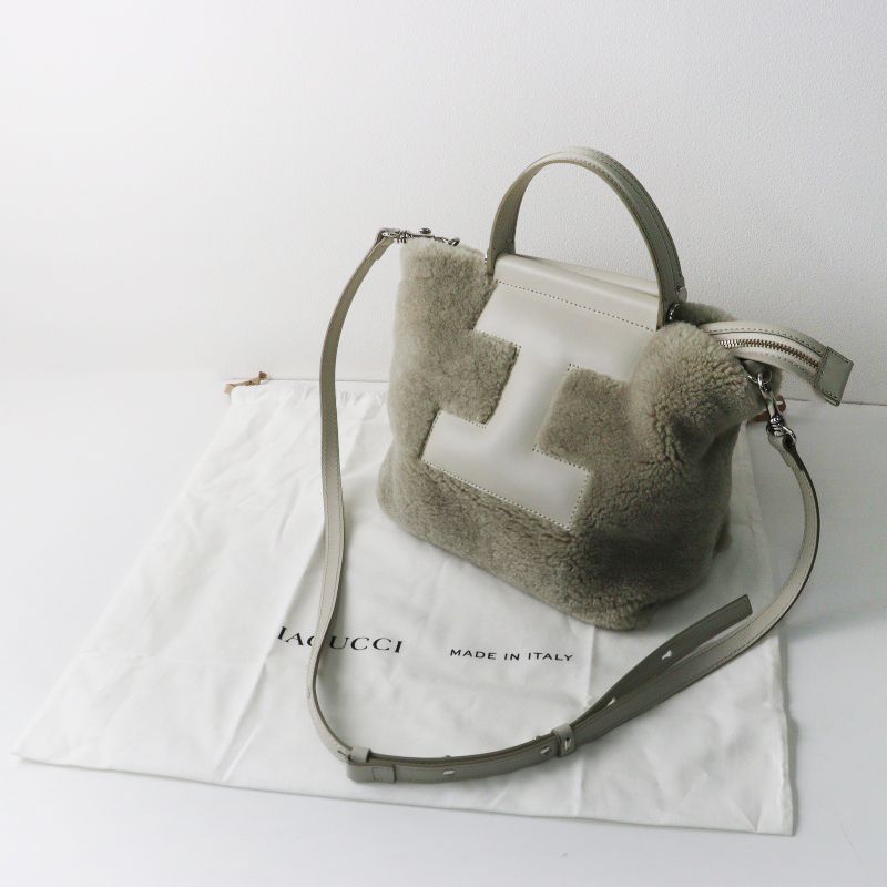 美品 イアクッチ IACUCCI ソルベット S MONTONE/RUGA ｜グレー ハンドバッグ ムートン レザー ショルダーバッグ【2400014974010】