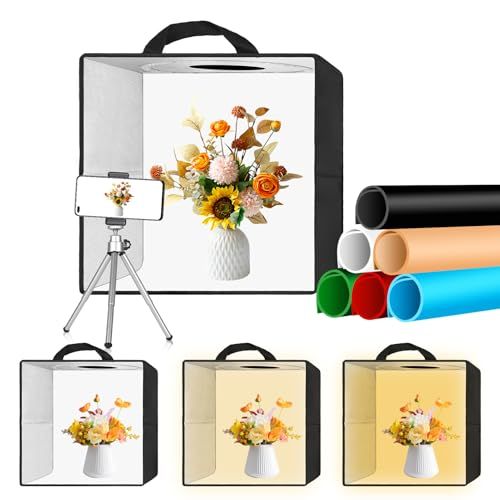 EMART 撮影ボックス 簡易スタジオ 撮影ブース調光 30 x 30CM 3色温度/10段階調光可能 折りたたみ撮影BOX 撮影キット6色PVC背景紙 LEDライトディフューザー付き スマホ用三脚 USB接続 折り畳み撮影キット 3色温度調 0d82b6bf
