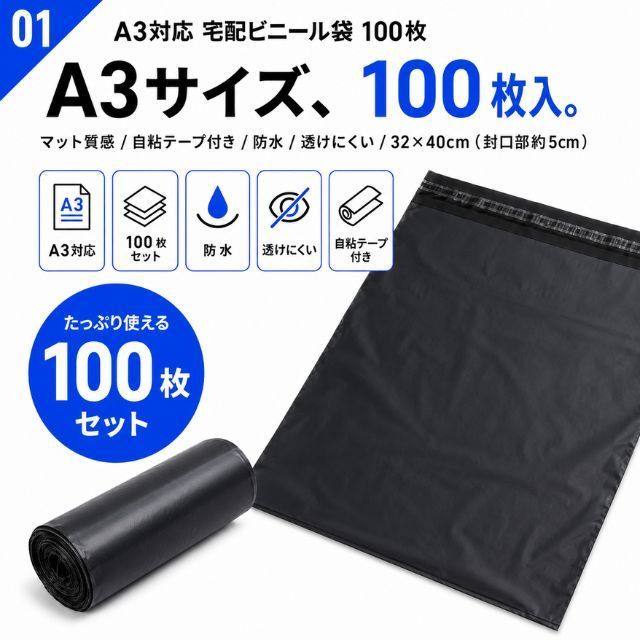 宅配ビニール袋 A3対応 ブラック 黒 100枚セット 32×40cm 防水 透け