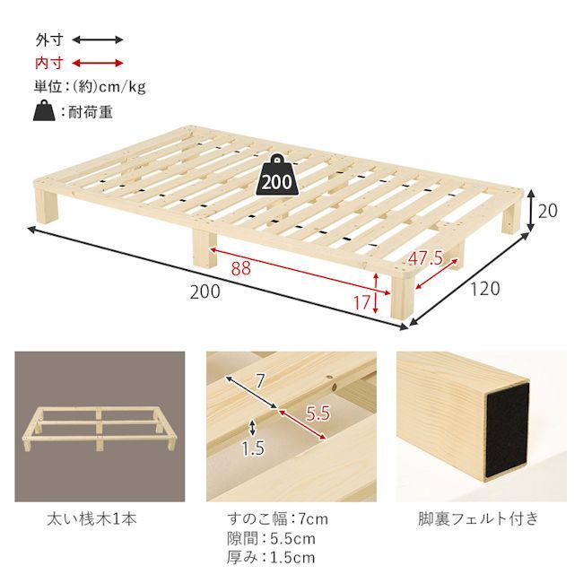 送料無料ヘッドレス パイン無垢材すのこベッド セミダブル 新品（132） ヘッドレス パイン無垢材すのこベッド セミダブル 無塗装 ベッド