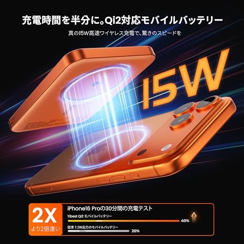 Qi2対応 10000mAh MagSafe対応 【超薄型14mm・軽量186g】15W ワイヤレス急速充電 マグネット式 2台同時充電 USB-C PD20W 【PSE認証済・リン酸鉄リチウム電池】iPhone 17?12 / Apple de306064
