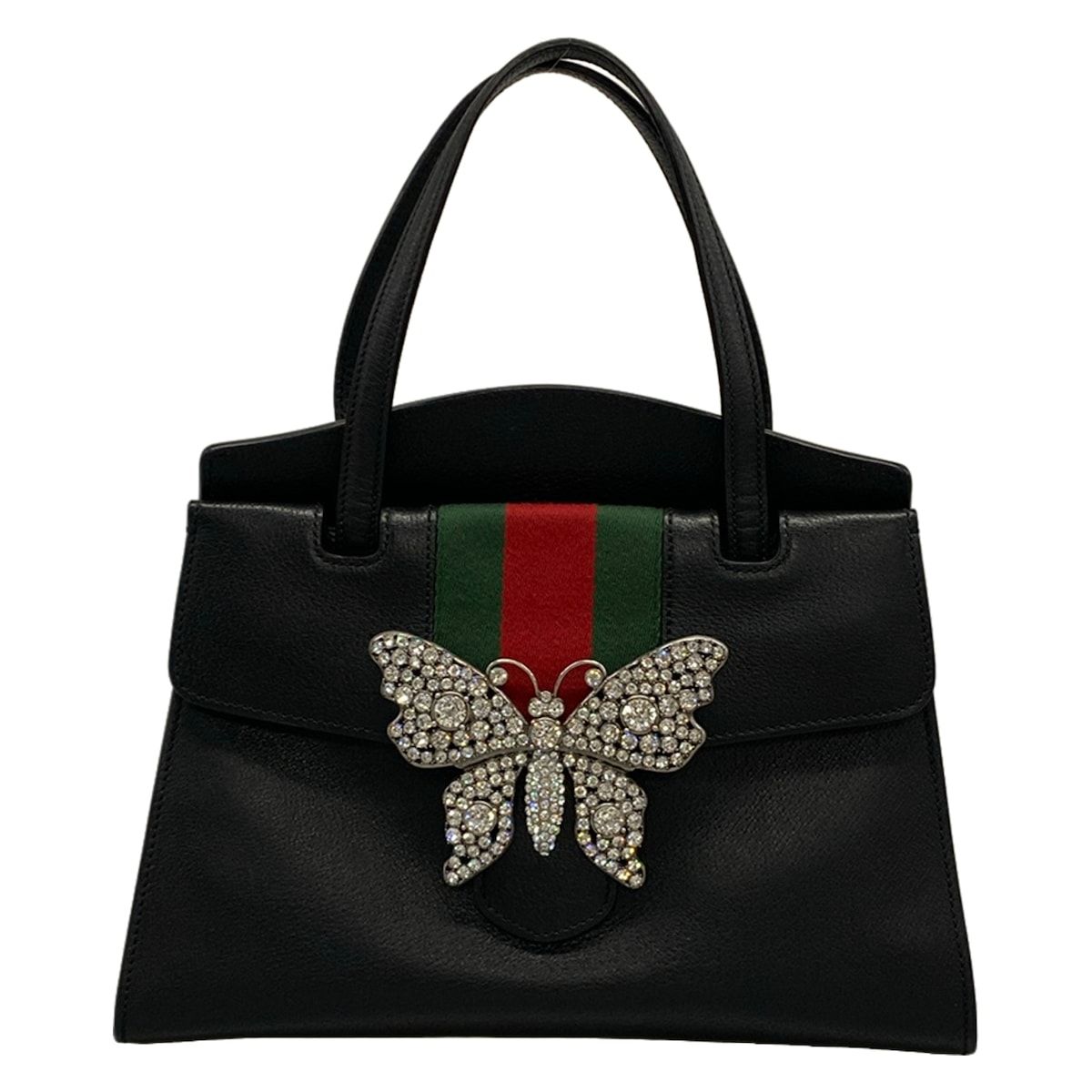 GUCCI(グッチ) ハンドバッグ トーテム/シェリー(ウェブ) 505342 黒×グリーン×レッド バタフライ(蝶)/ラインストーン レザー