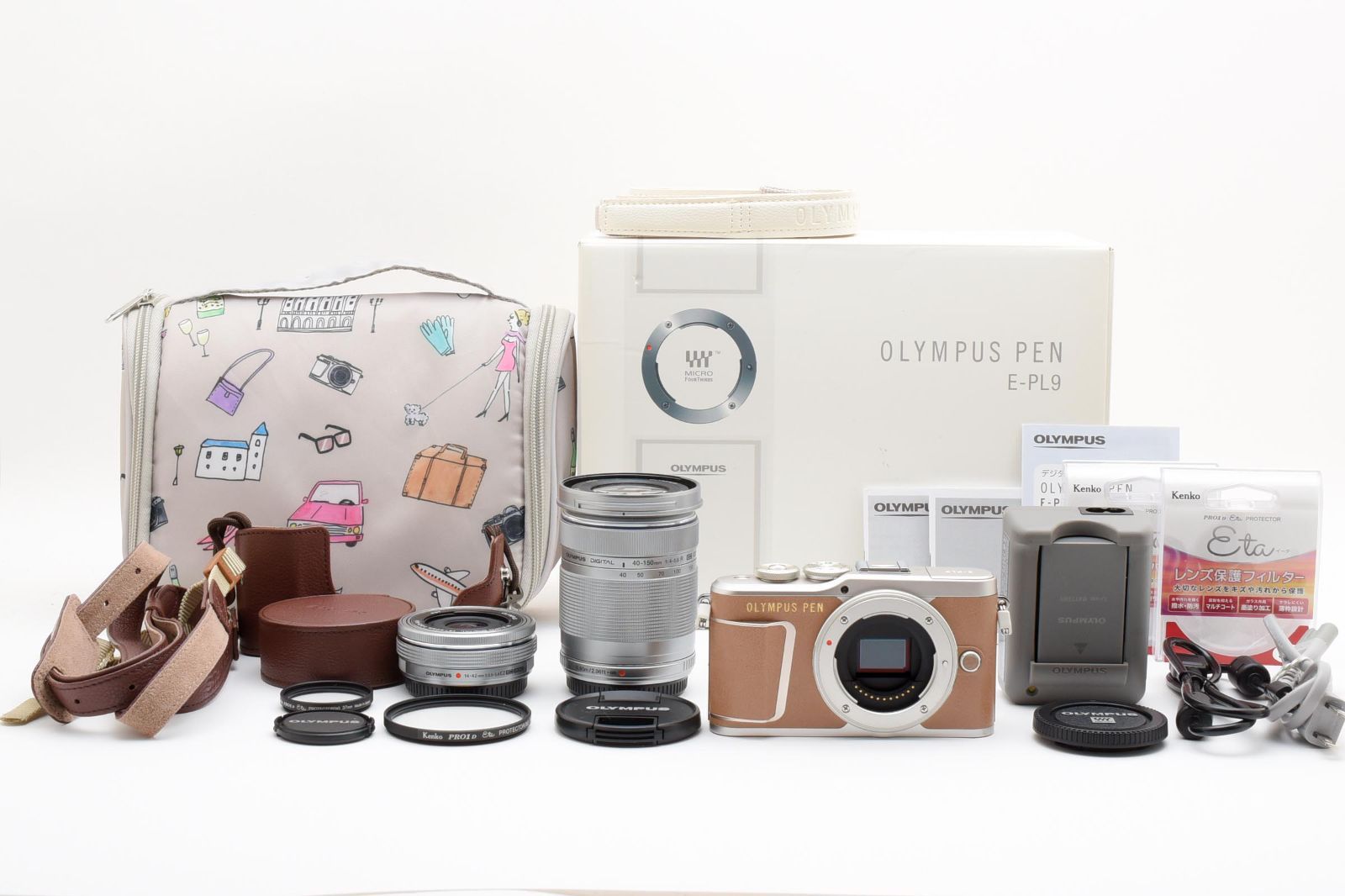 ■ ほぼ新品 ■ S数1245回 オリンパス　OLYMPUS PEN E-PL9 ブラウン + 14-42mm 3.5-5.6 ＋ 40-150mm 4-5.6 ダブルズームキット #A1217