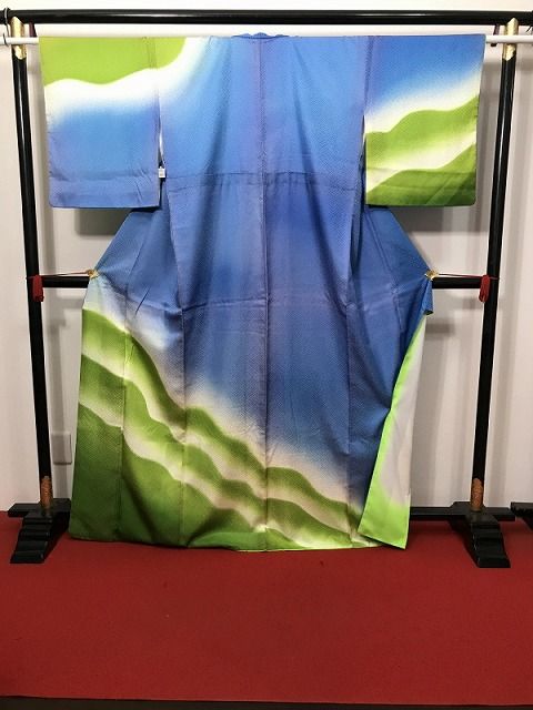 【中古】 Mサイズ 付け下げ 化繊 踊り用 青地に霞模様 付下げ訪問着 袷着物 洗える着物