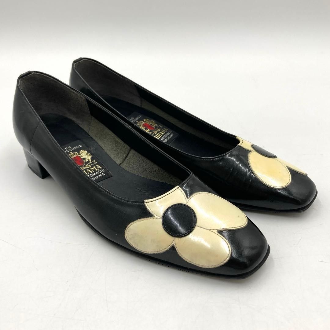ミハマ パンプス フラットシューズ 24cm エナメル ブラック 花柄 日本製 MIHAMA