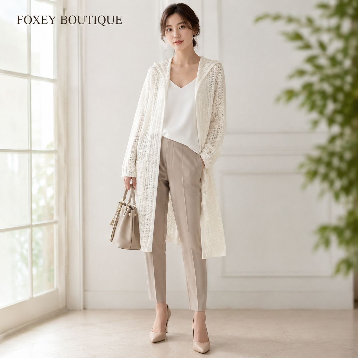 【新品同様の美しさ / 上質リネン（麻）100％をまとって 高級の肌触りを】FOXEY BOUTIQUE 42611 / フォクシーブティック F フリーサイズ アイボリー ケーブル×リブ編み ロングカーディガン 通勤 旅行 リゾート