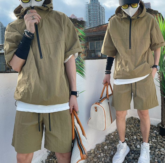 メンズ セットアップ 半袖 Tシャツ ショーツ ハーフパンツ 夏服 カジュアル スポーツウェア ルーズフィット オーバーサイズ ジップアップ 韓国ファッション ストリート 上下セット カーキ 部屋着 夏コーデ