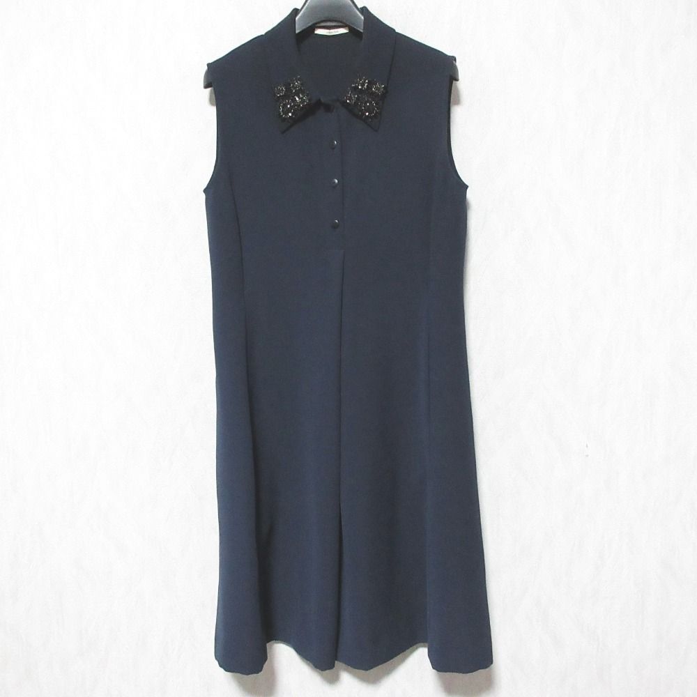 美品 FOXEY NEW YORK フォクシーニューヨーク コレクション EMBROIDERED CREPE SHIRT DRESS シャツワンピース 34119 38 ネイビー レディース 古着 中古 USED