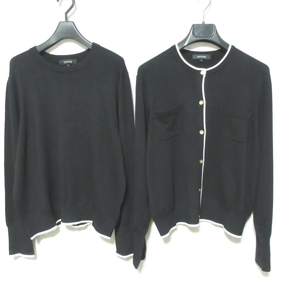 美品 UNTITLED アンタイトル スパンレーヨン ニット カーディガン アンサンブル 大きいサイズ 44 ブラック レディース 古着 中古 USED
