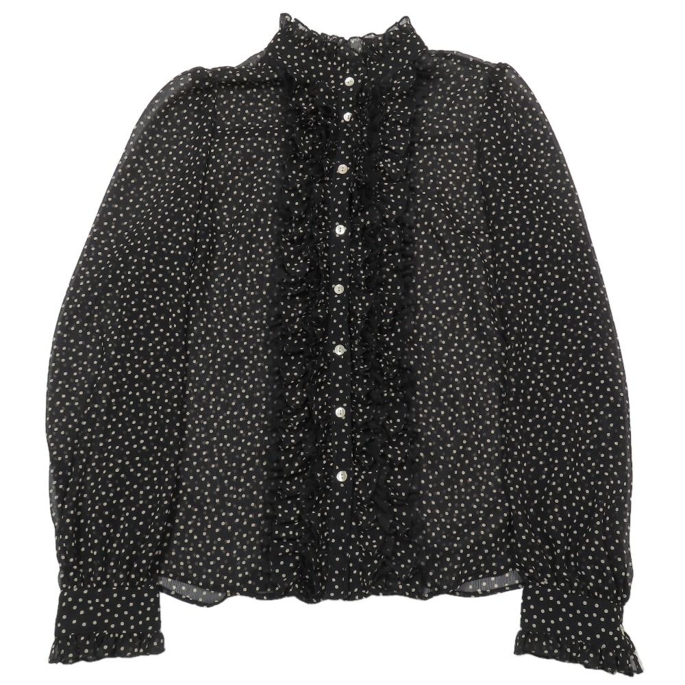 新品同様 Lois CRAYON ロイスクレヨン 23AW シアードットブラウス 15001733 長袖 フリル バンドカラー カットソー M ブラック レディース 古着 中古 USED