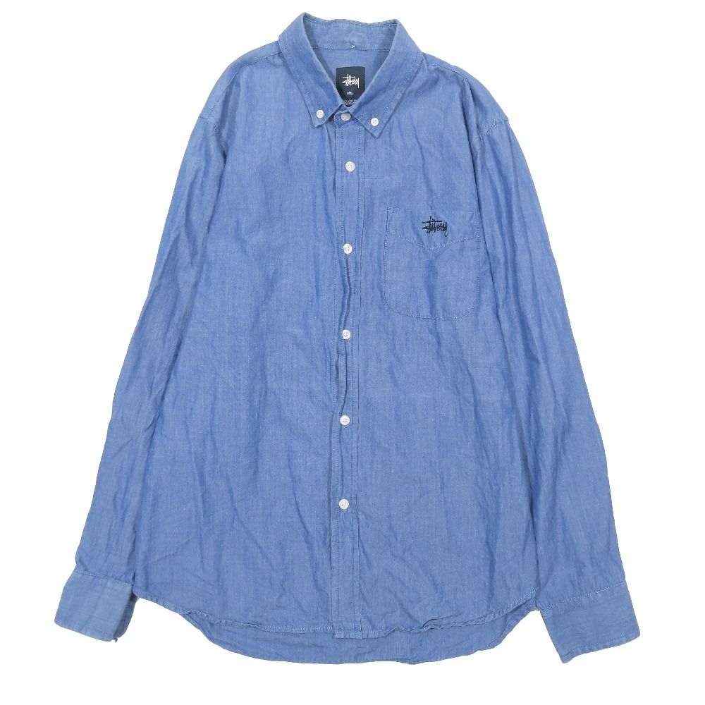 良品 STUSSY オールド ステューシー ボタンダウン 長袖シャツ ロゴ 刺繍 エルボー スター ロングスリーブ S ブルー メンズ 古着 中古 USED