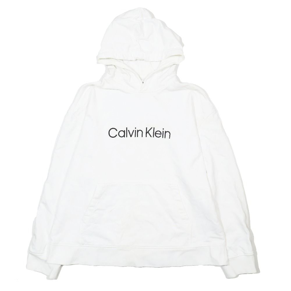 Calvin klein カルバンクライン ロゴ 刺繍 スウェット フーディ パーカー プルオーバー L ホワイト メンズ 古着 中古 USED