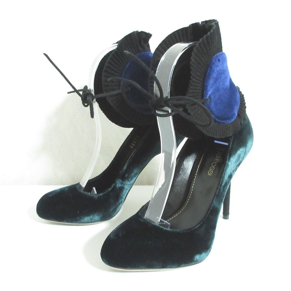 良品 Sergio Rossi セルジオロッシ ベルベット アンクルリボン ハイヒール パンプス 34 1/2 約21.5cm ダークグリーン レディース 古着 中古 USED