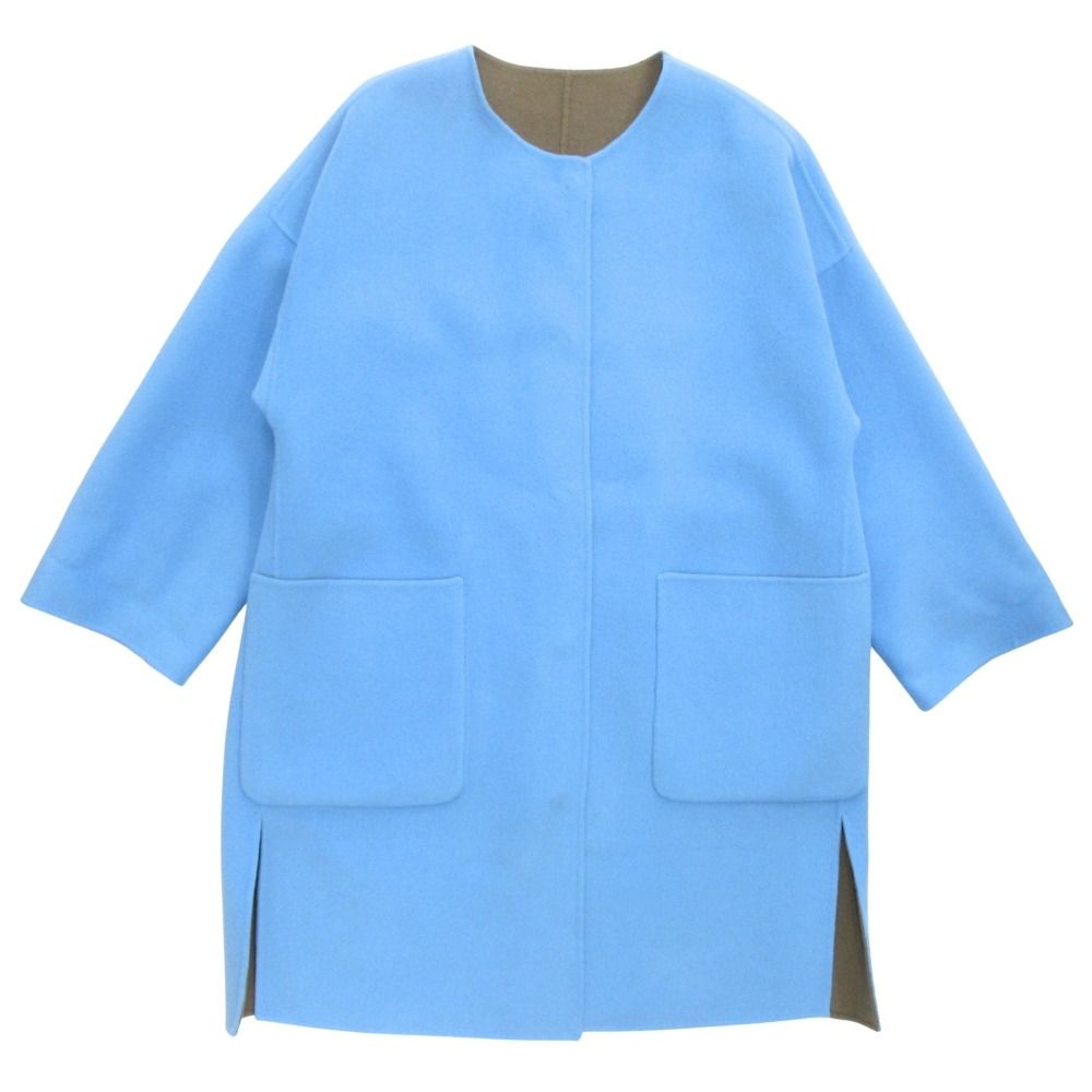 美品 MAX MARA WEEK END マックスマーラ ウィークエンド ウール リバーシブル ノーカラー コート ジャケット サイズ40 青 ブルー 茶 レディース 古着 中古 USED
