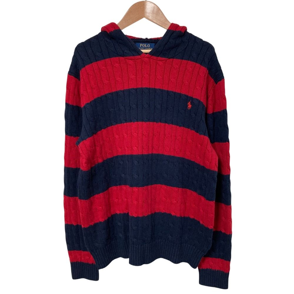 美品 POLO RALPH LAUREN ポロラルフローレン ボーダー柄 ケーブルニットパーカー サイズXL レッド ネイビー キッズ 古着 中古 USED