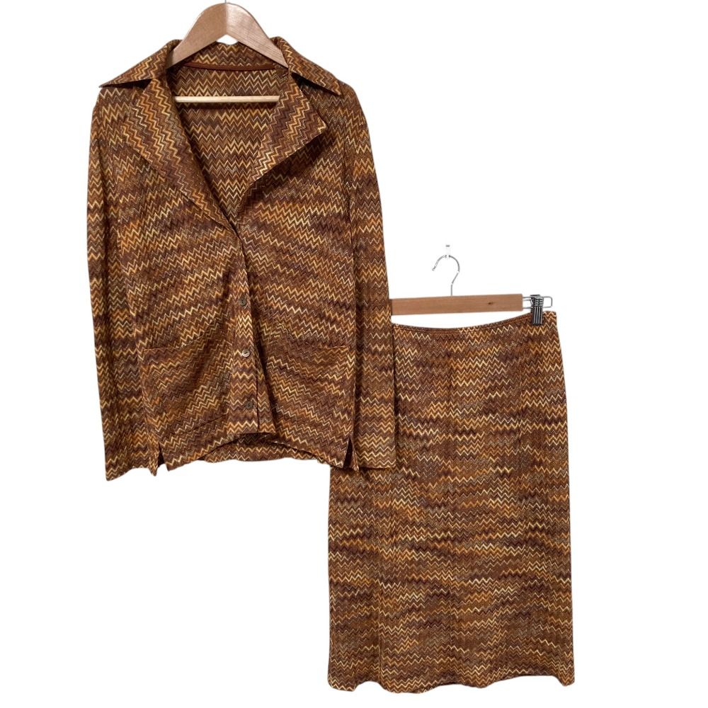 美品 MISSONI ミッソーニ シェブロン ジャケット イージースカート セットアップ サイズ40 ブラウン レディース 古着 中古 USED