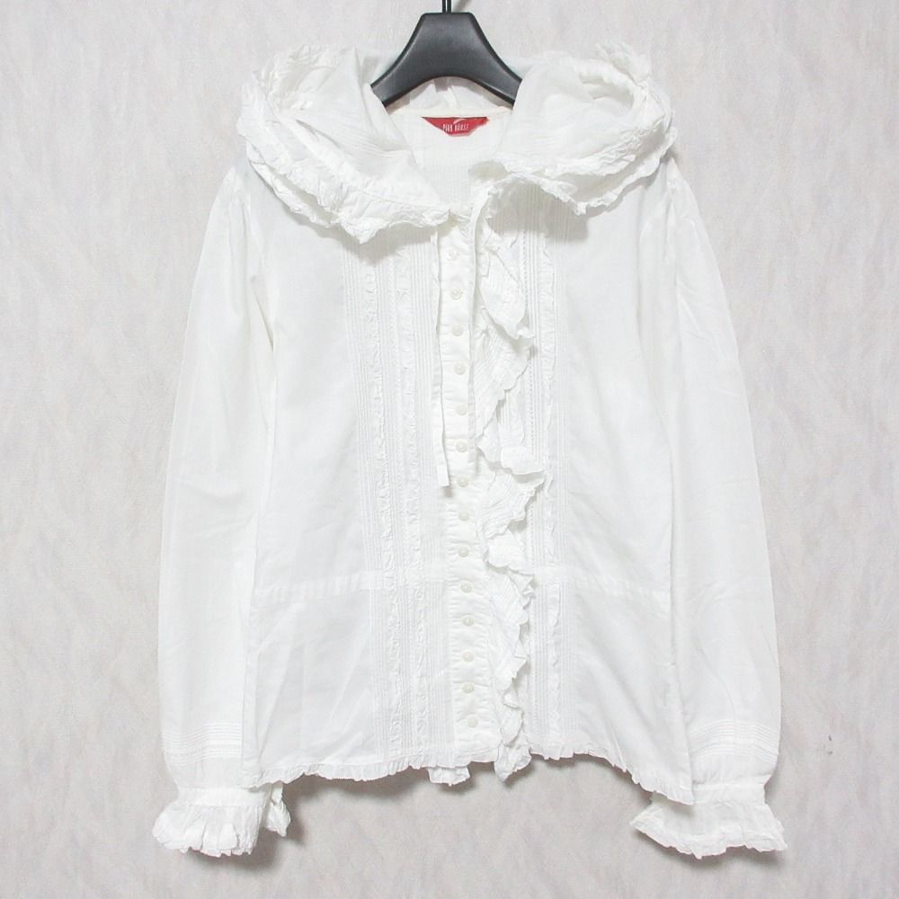 良品 PINK HOUSE ピンクハウス ロングスリーブ フリル プリーツ フーディー シャツ ブラウス ホワイト レディース 古着 中古 USED