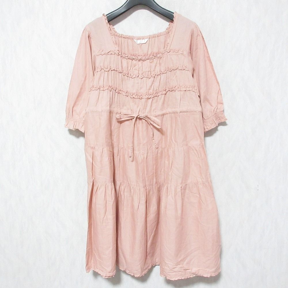 美品 PINK HOUSE ピンクハウス フリル スクエアネック ひざ丈 ティアードワンピース ピンク レディース 古着 中古 USED