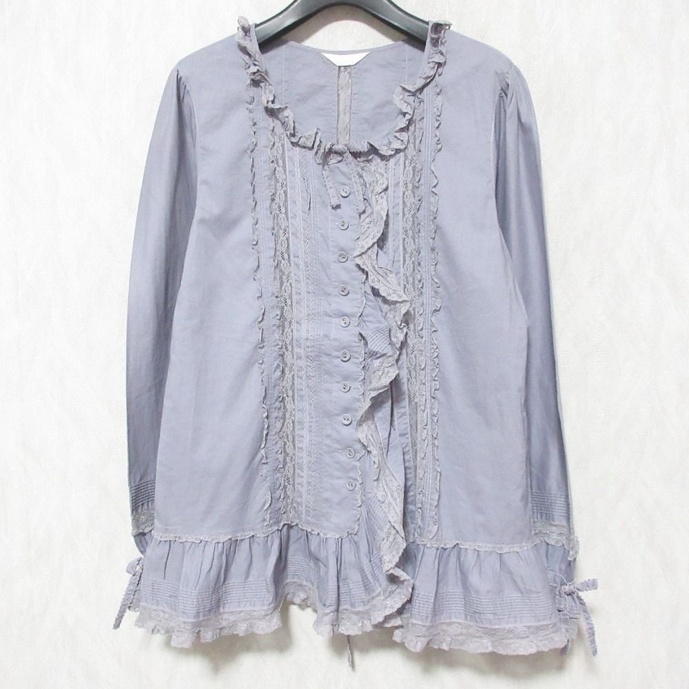 美品 PINK HOUSE ピンクハウス フリル レース プリーツ ロングスリーブ ブラウス シャツ パープル レディース 古着 中古 USED