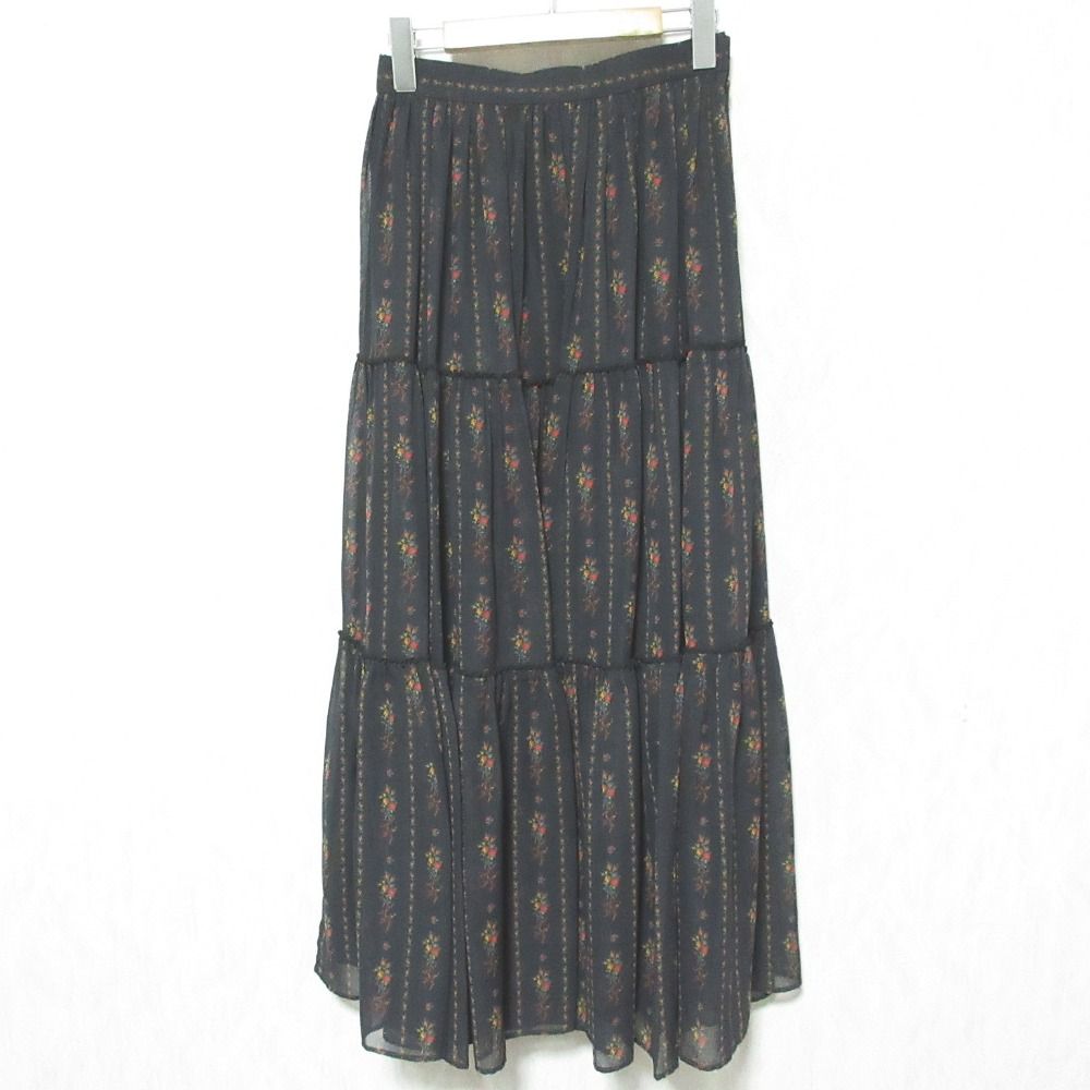 良品 DOUBLE STANDARD CLOTHING ダブルスタンダードクロージング オリジナルプリントマキシスカート サイズ38 ブラック レディース 古着 中古 USED