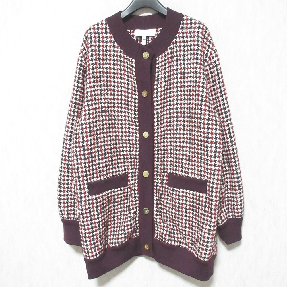 美品 ESCADA SPORT エスカーダスポーツ 千鳥格子 ニット ジャケット ブルゾン カーディガン 34 エンジ レディース 古着 中古 USED