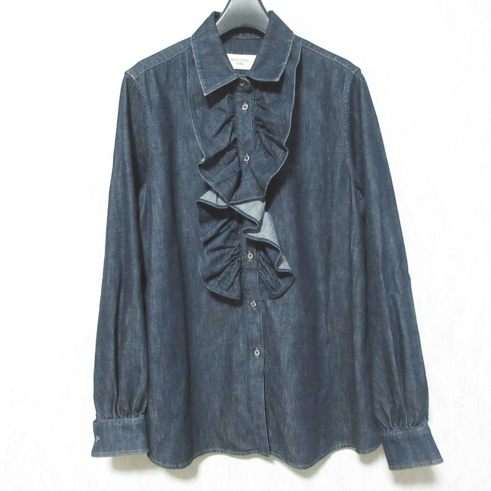 美品 Weekend Max Mara ウィークエンド マックスマーラ ロングスリーブ フリル デニムシャツ ブラウス 42 インディゴ レディース 古着 中古 USED