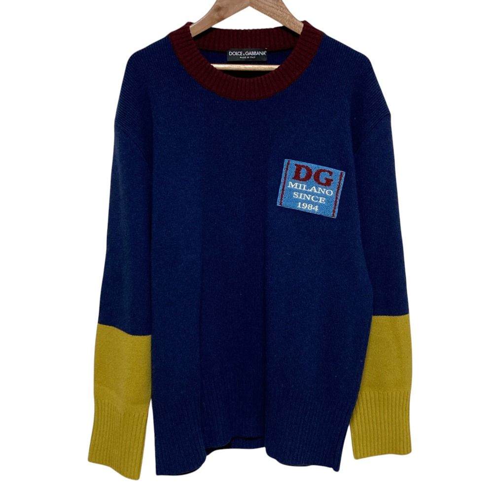 美品 DOLCE&GABBANA ドルチェアンドガッバーナ ロゴワッペン リブニット セーター サイズ48 ネイビー メンズ 古着 中古 USED