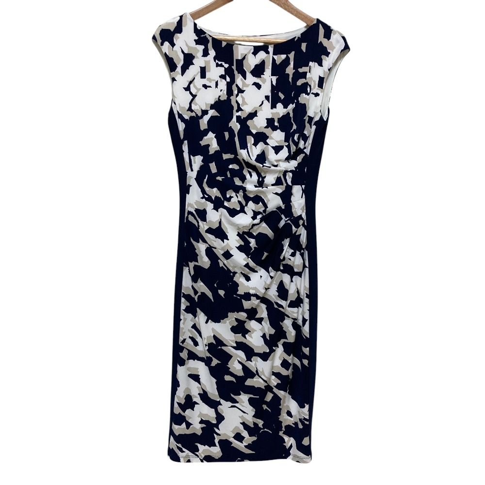 美品 LAUREN RALPH LAUREN ローレンラルフローレン 総柄 ストレッチ ノースリーブ ドレープ タイトワンピース サイズ00 ネイビー系 レディース 古着 中古 USED