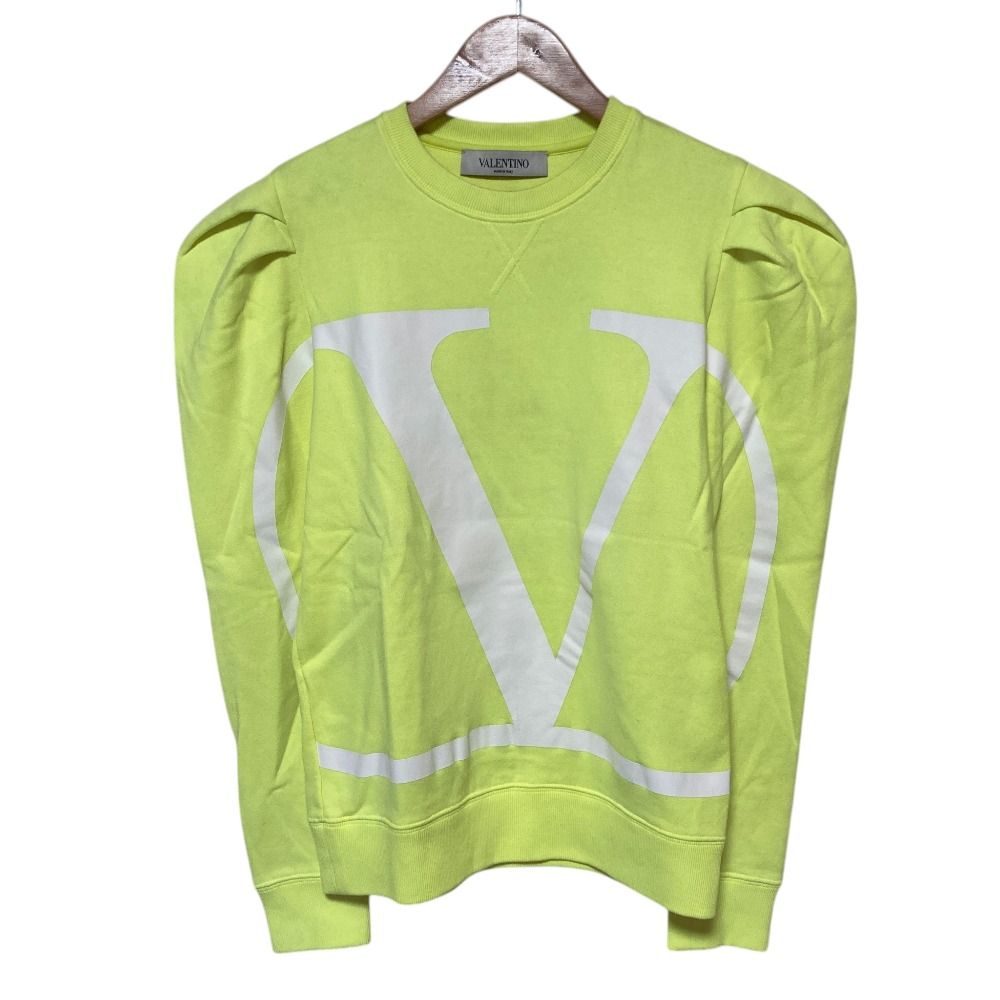 良品 VALENTINO ヴァレンティノ Vロゴプリント パフスリーブ スウェットトレーナー XS ネオンイエロー レディース 古着 中古 USED