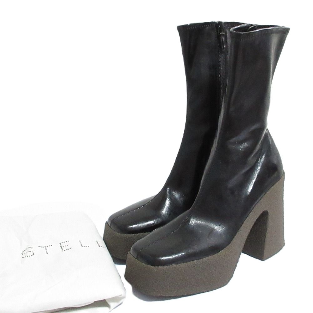 美品 STELLA McCARTNEY ステラマッカートニー スカイラ ストレッチエコレザー ヒール ブーツ サイズ37 24cm相当 ブラック レディース 古着 中古 USED