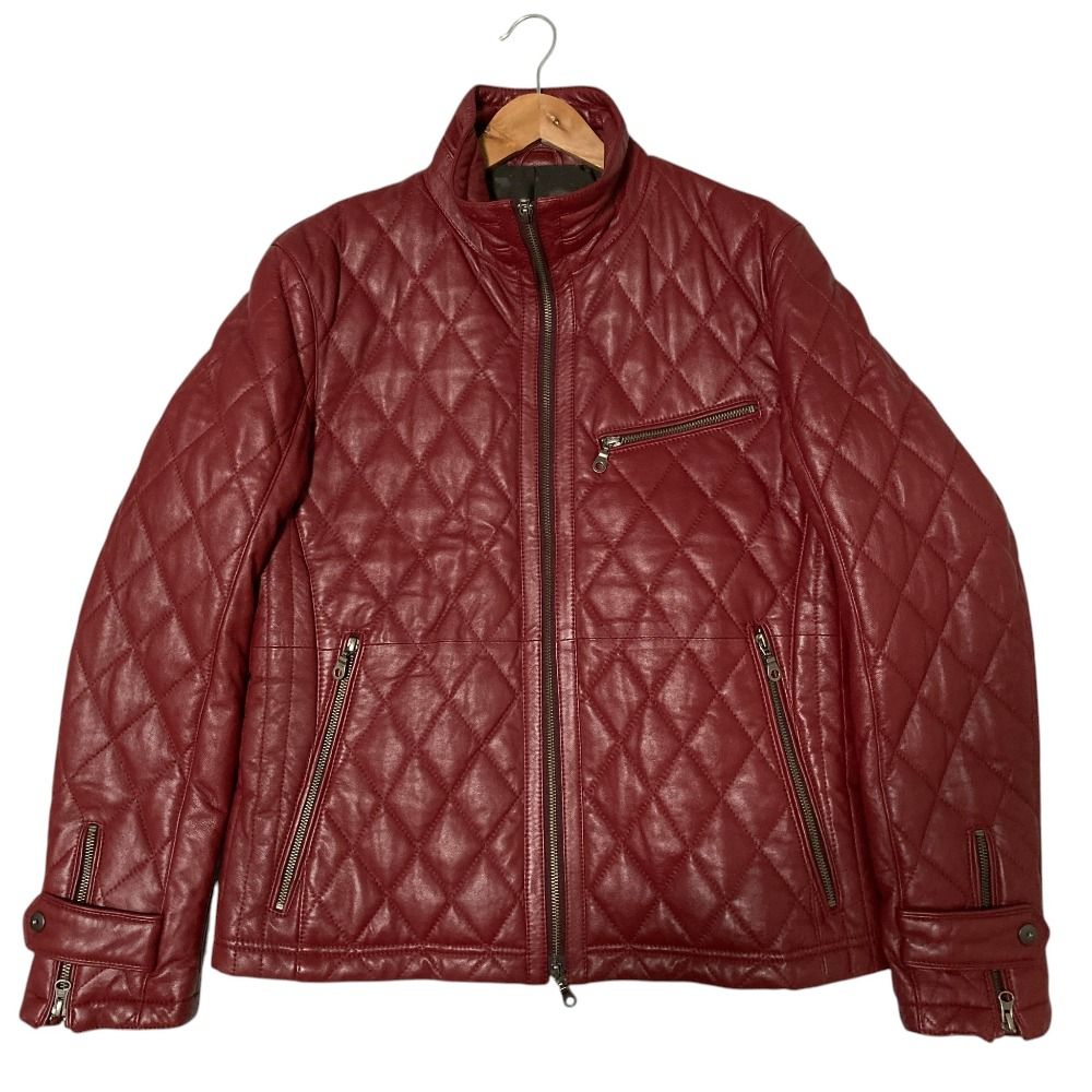 美品 MONSIEUR NICOL ex/tra ムッシュニコル ラムレザー キルティング ライダースジャケット 48 レッド メンズ 古着 中古 USED