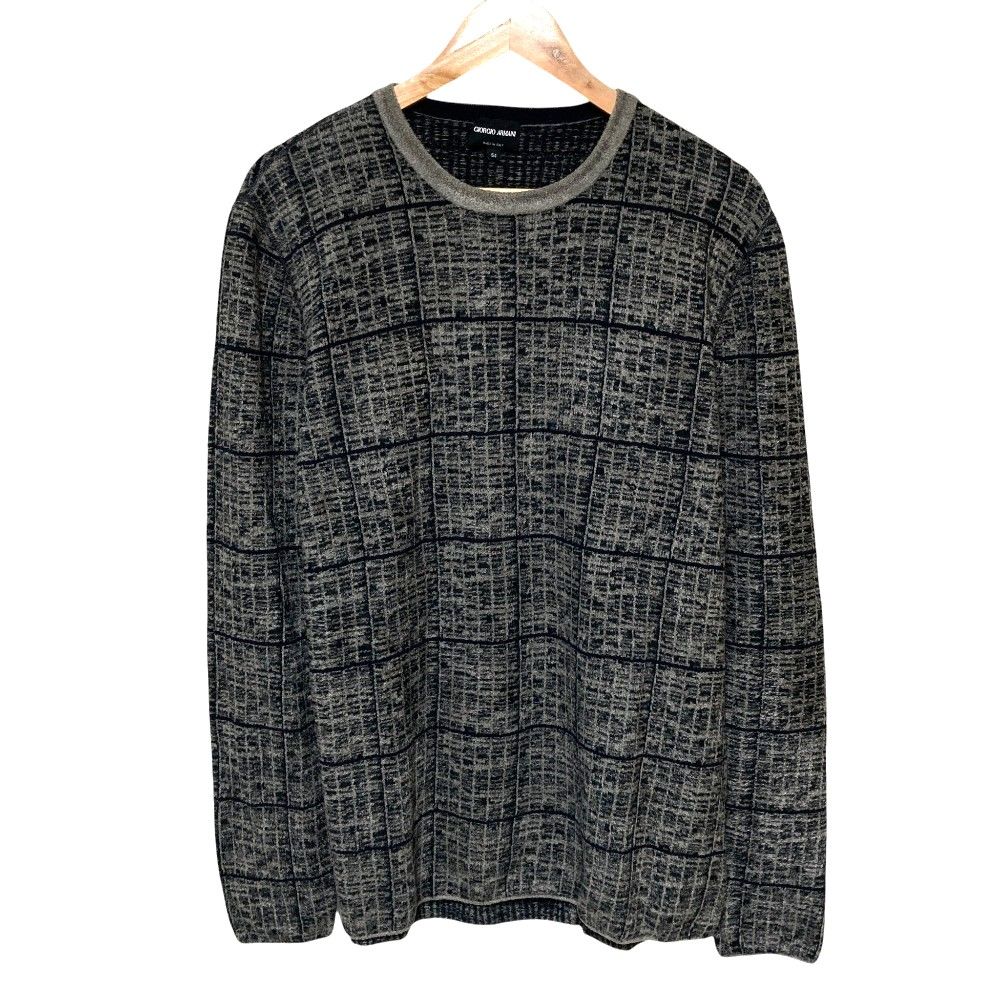 美品 GIORGIO ARMANI ジョルジオアルマーニ チェック柄 パイルニットセーター 54 ベージュ×ブラック メンズ 古着 中古 USED