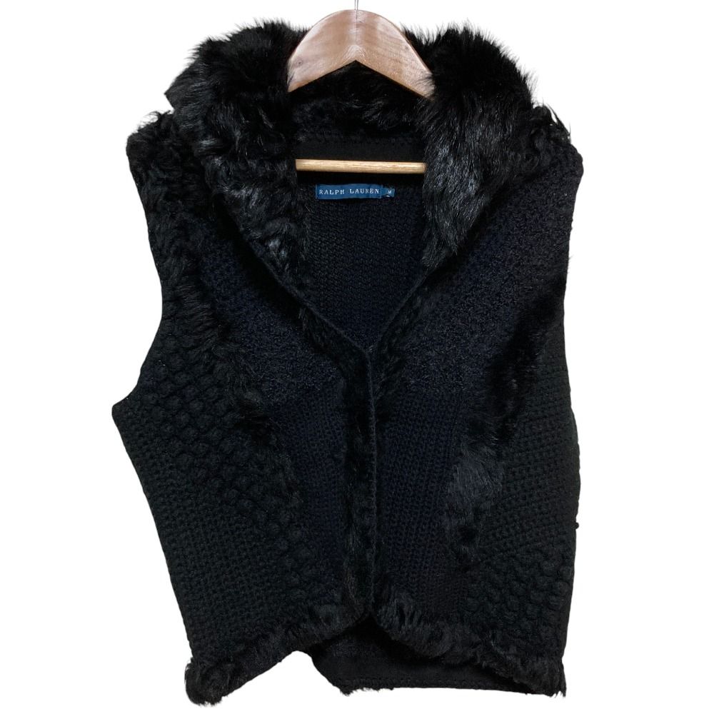 美品 RALPH LAUREN ラルフローレン ラムファーコンビ クロシェ ニットベスト サイズM ブラック レディース 古着 中古 USED
