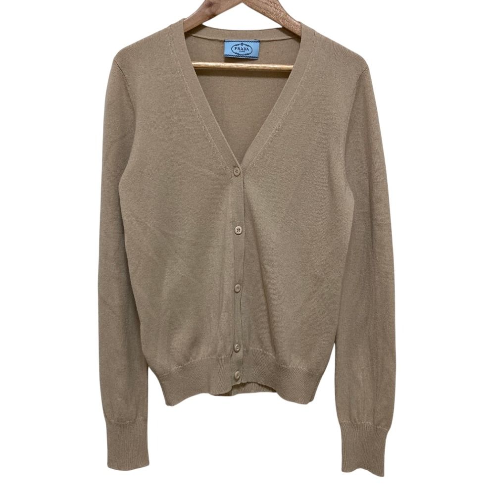 美品 PRADA プラダ エルボーパッチ カシミヤニット カーディガン サイズ42 ベージュ レディース 古着 中古 USED