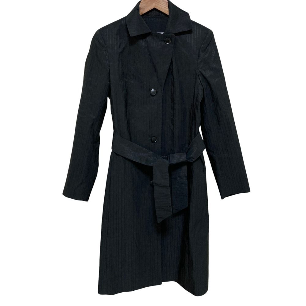 美品 Max Mara マックスマーラ シルクブレンド ストライプ ベルテッド ロングコート サイズ36 ブラック レディース 古着 中古 USED