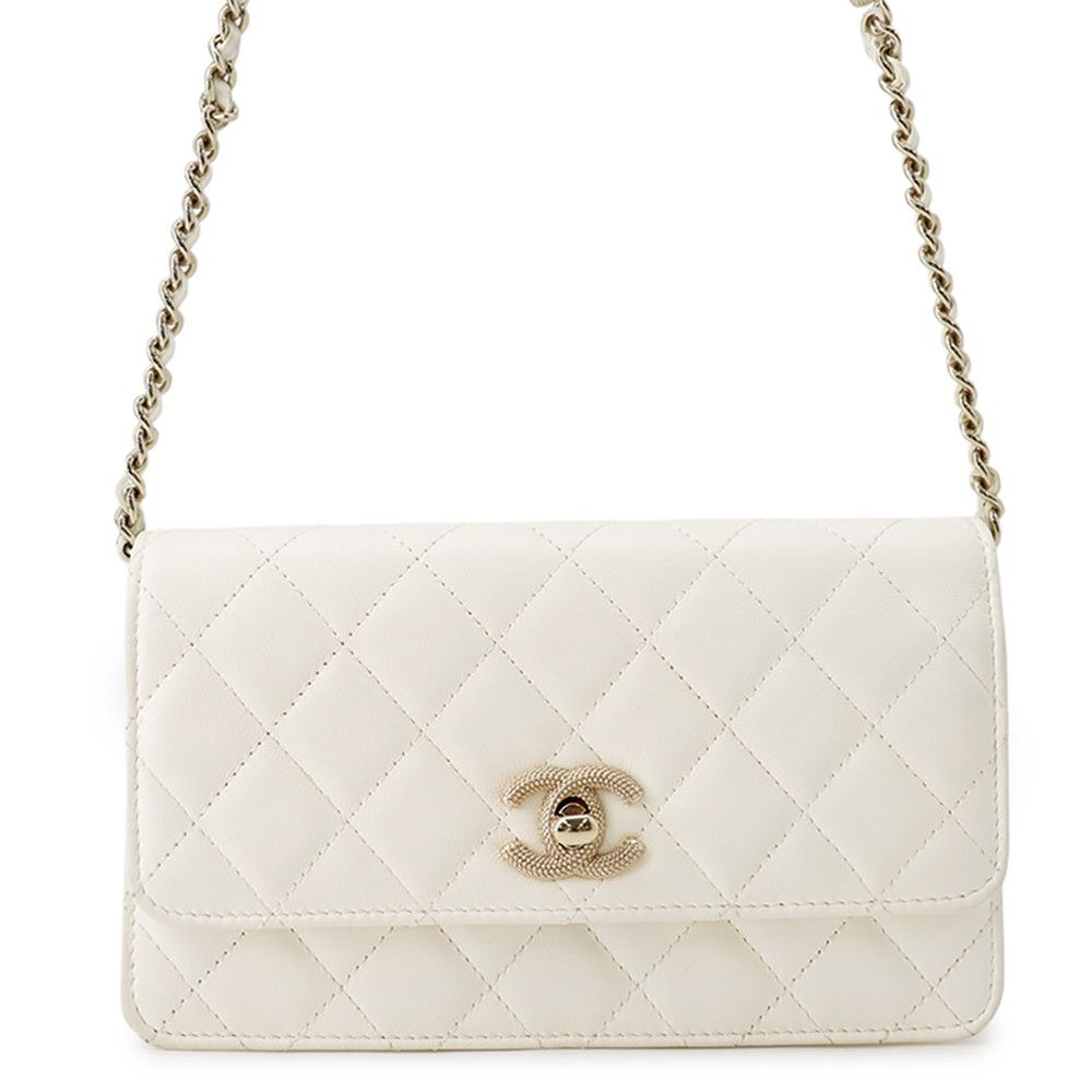 シャネル チェーンショルダーウォレット マトラッセ ココマーク ラインストーン ラムスキン AP4299 CHANEL 財布 白