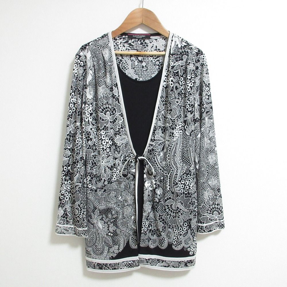 美品 LEONARD FASHION レオナールファッション カンカンストレッチ フラワープリント レイヤード ブラウス 0177217 サイズ42 ブラック レディース 古着 中古 USED