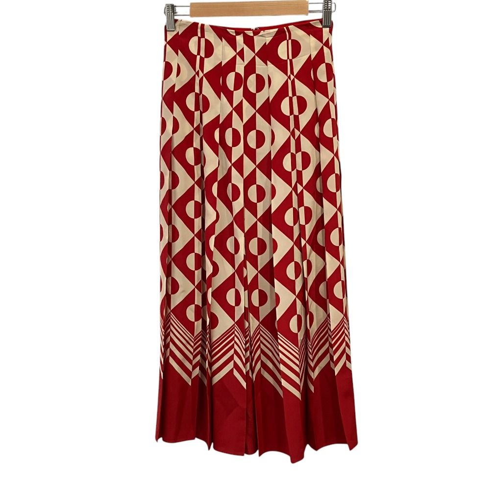 美品 GUCCI グッチ 総柄 シルク プリーツロングスカート 409370 サイズ36 レッド アイボリー レディース 古着 中古 USED