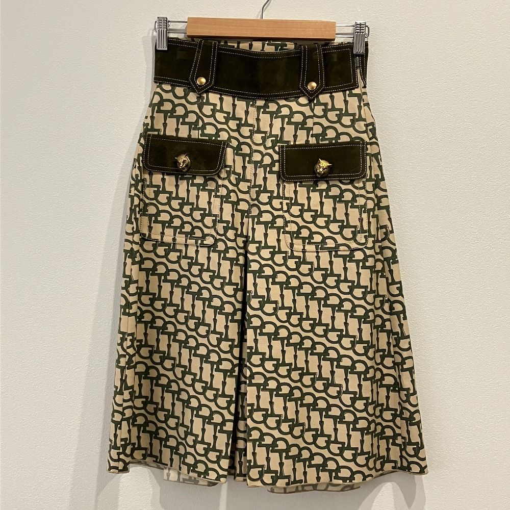 美品 GUCCI グッチ キャットヘッド ホースビットパターン キュロットパンツ 439247 サイズ36 ベージュ グリーン レディース 古着 中古 USED