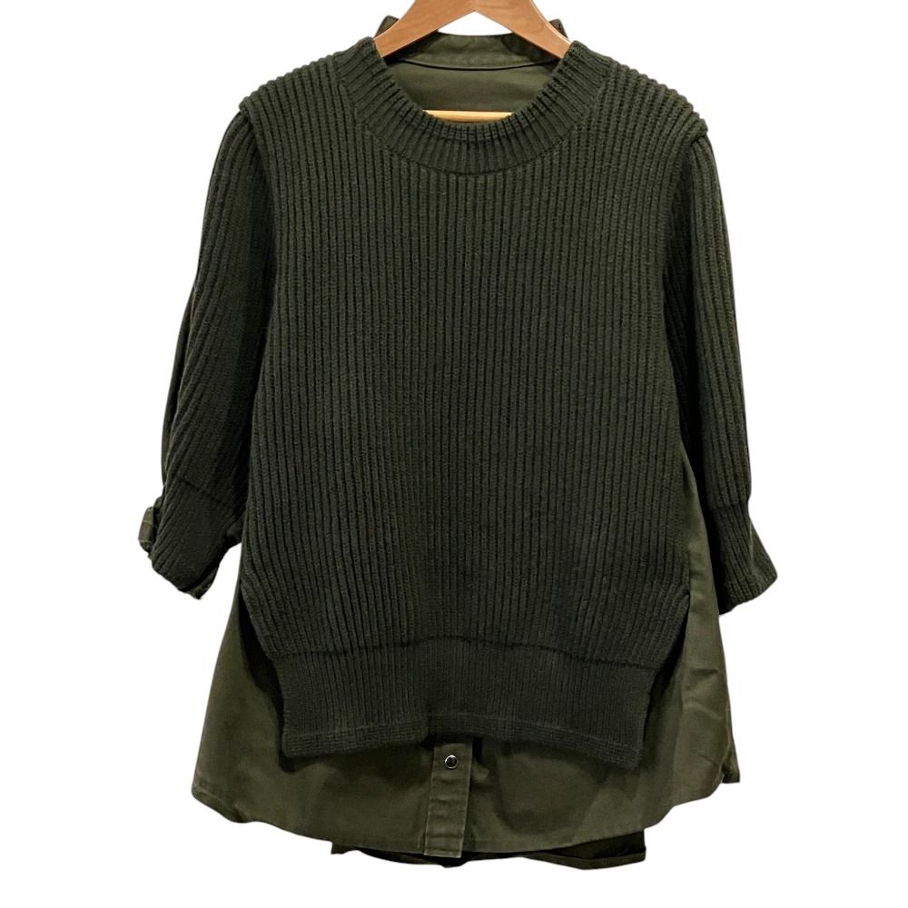 美品 sacai サカイ ニットドッキングミリタリーシャツ 22-06200 サイズ3 カーキ レディース 古着 中古 USED