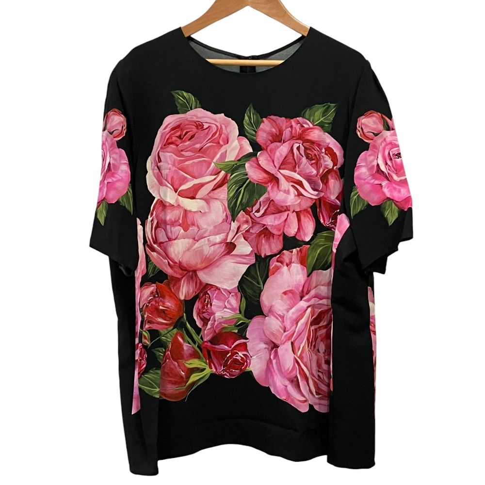 美品 DOLCE&GABBANA ドルチェアンドガッバーナ ローズプリント レーヨンブラウス 50 ブラック レディース 古着 中古 USED