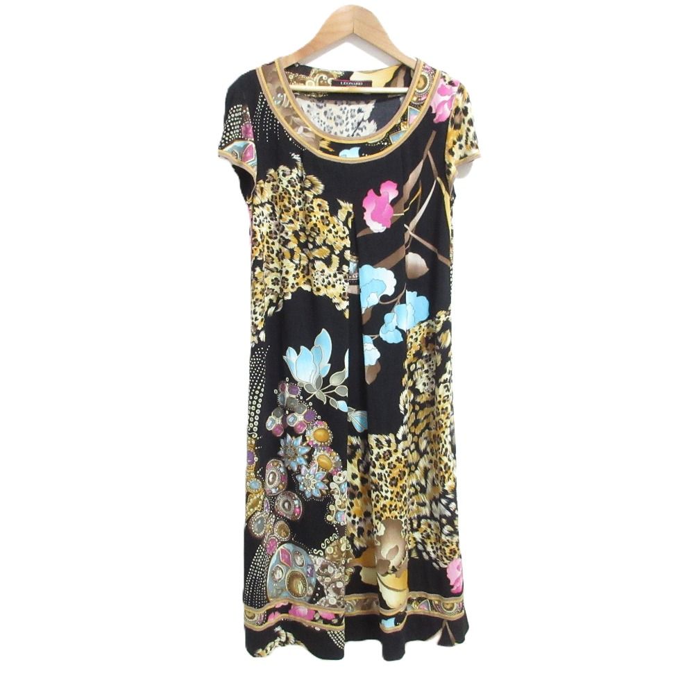 美品 LEONARD FASHION レオナールファッション ビジュー×フラワープリント カンカンストレッチ ワンピース Lサイズ ブラック レディース 古着 中古 USED