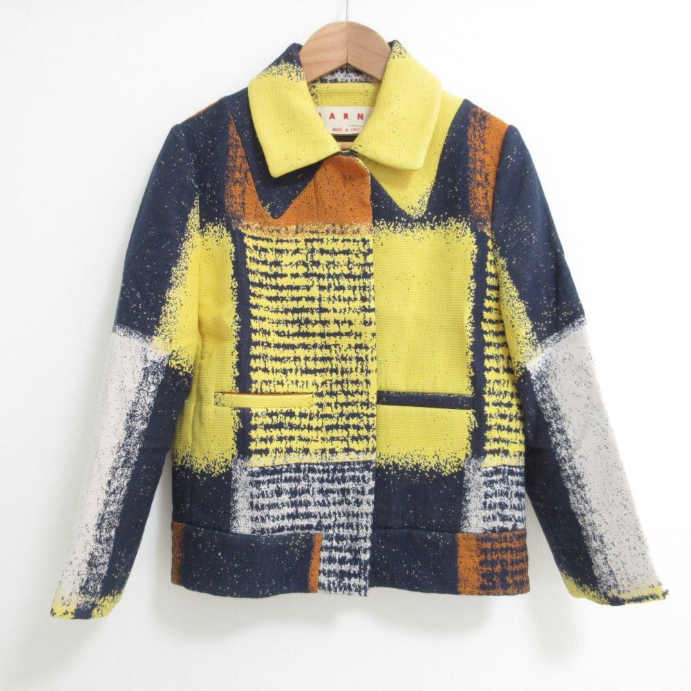 良品 MARNI マルニ ジャガード ステンカラージャケット サイズ38 イエロー ネイビー レディース 古着 中古 USED