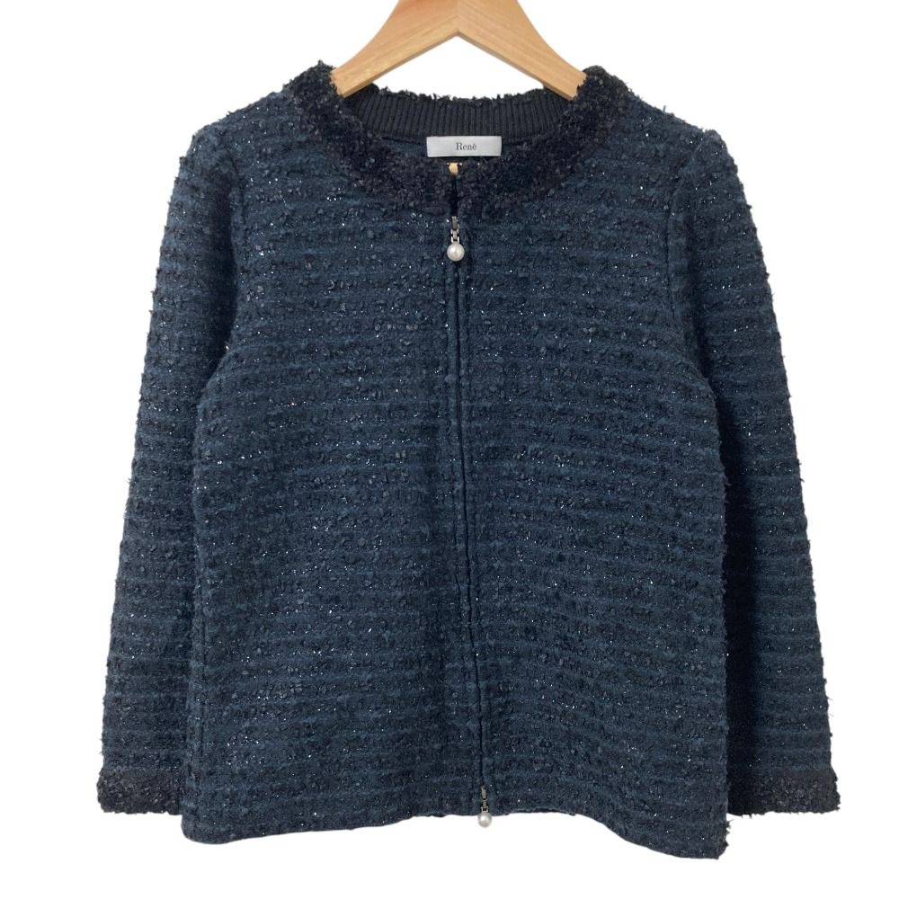 良品 Rene ルネ パールボタン ツイード ノーカラージャケット 6542880 サイズ36 ネイビー ブラック レディース 古着 中古 USED