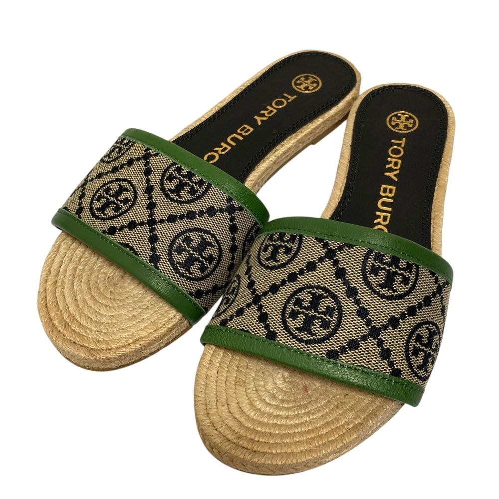 良品 TORY BURCH トリーバーチ Tモノグラムジャガード レザートリム スライドサンダル サイズ5M 22cm相当 ベージュ グリーン レディース 古着 中古 USED